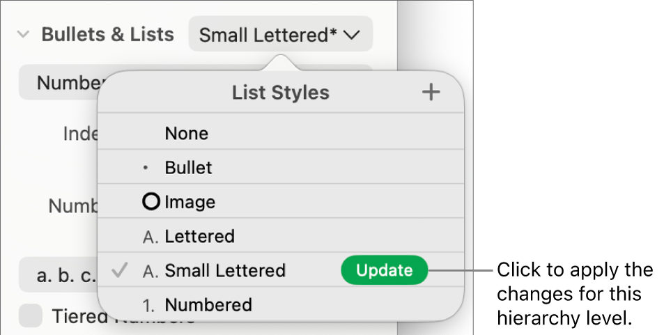 The List Styles pop-up menu with an Update button next to the name of the new style.