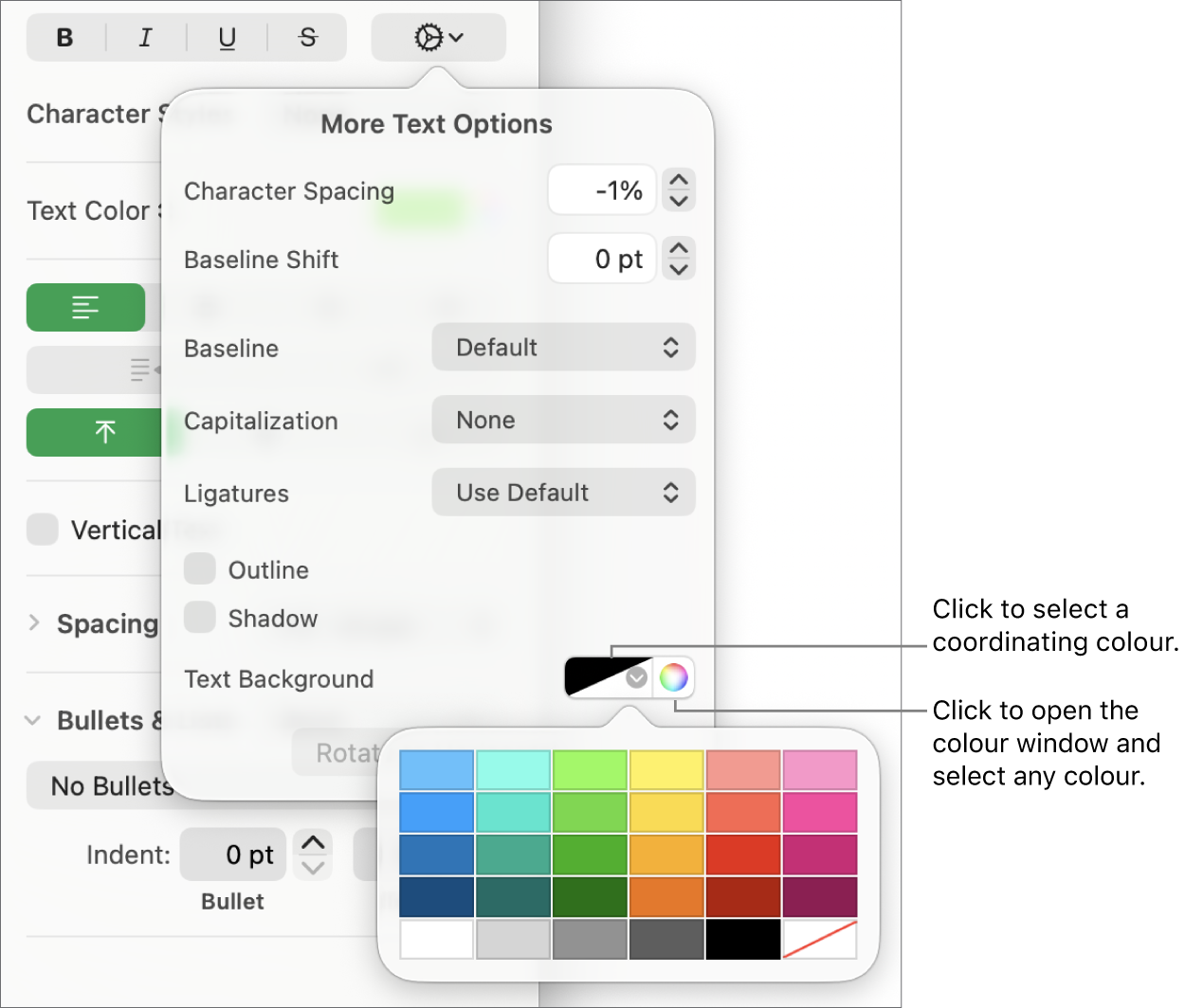 Controls for choosing a character fill.