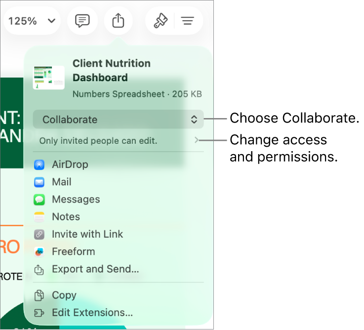 The Share menu with Collaborate selected at the top, and access and permission settings underneath.