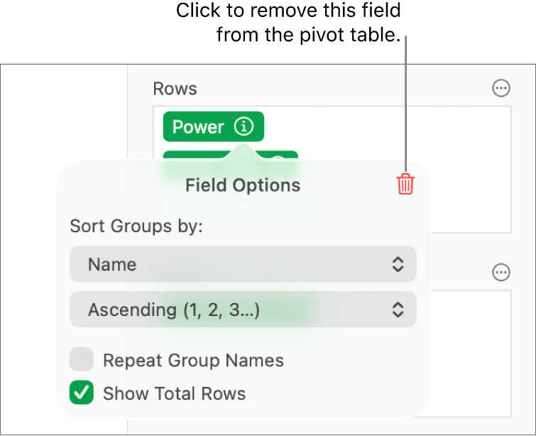 The Field Options menu, showing the controls for grouping and sorting data, as well as the option to remove a field.