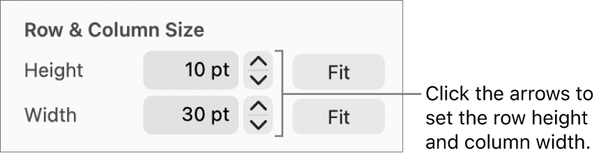 The controls for setting a precise row or column size.
