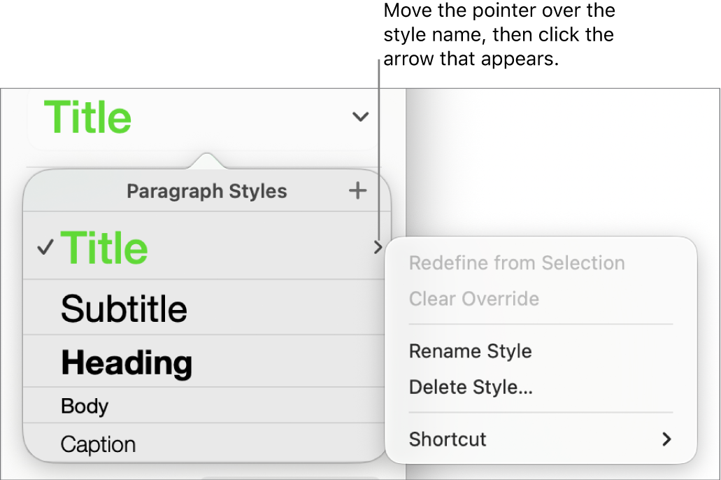 The Paragraph Styles menu with the shortcut menu open.