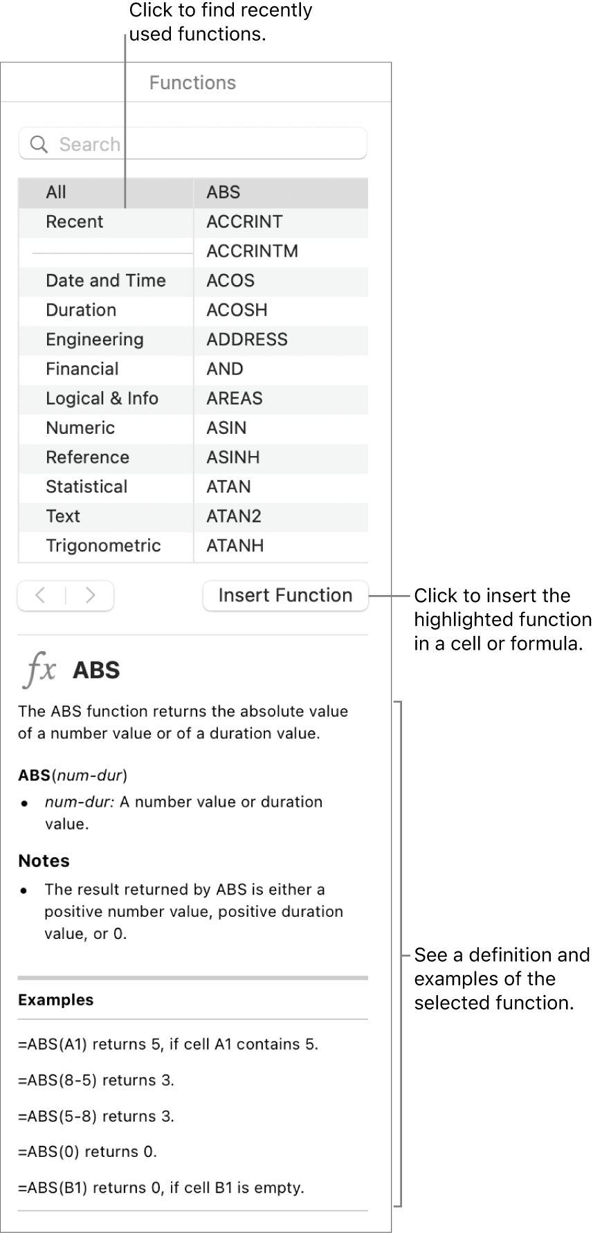 The Functions Browser with call outs to recently used functions, the Insert Function button and the function definition.