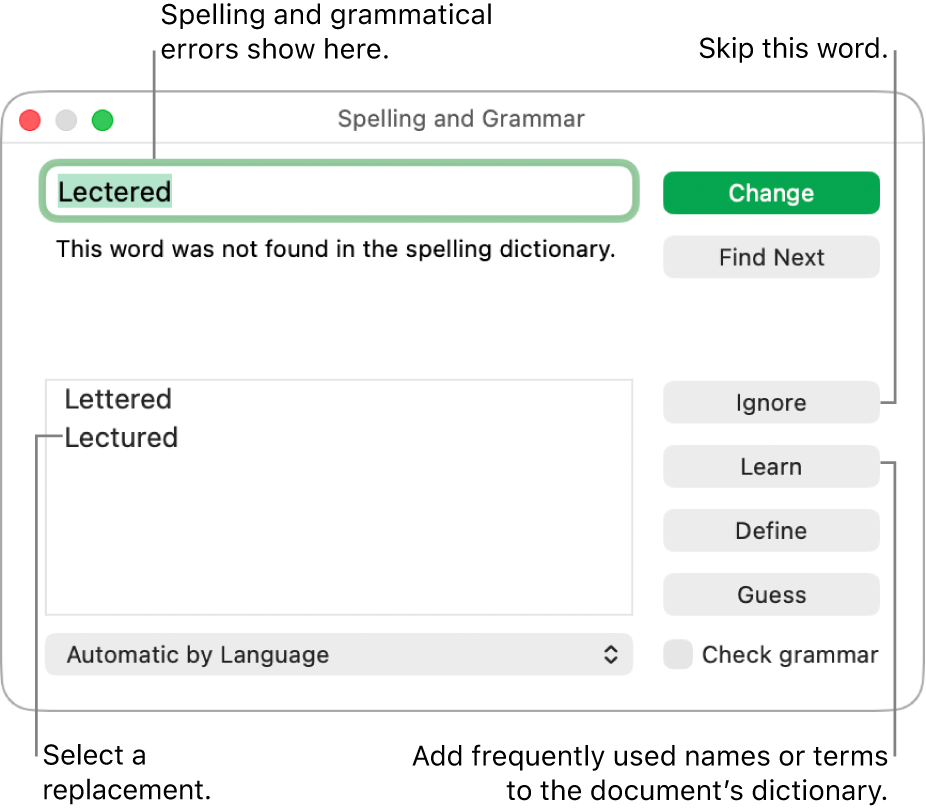 The Spelling and Grammar window.