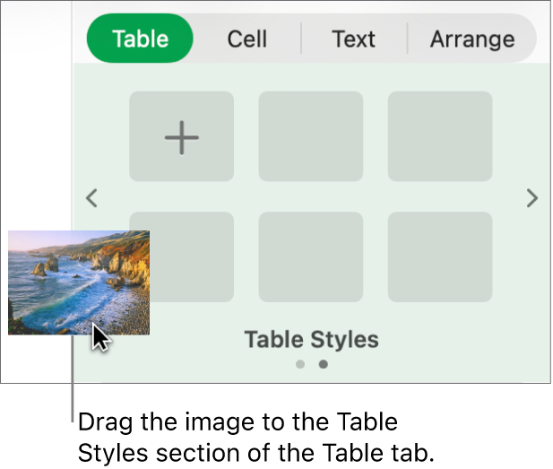 Dragging an image into the table styles to create a new style.