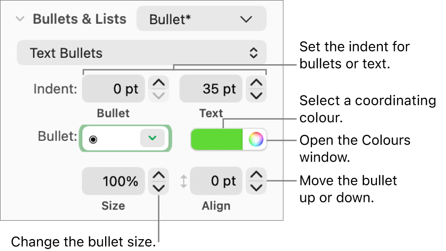 The Bullets and Lists section with a call out to the controls for bullet and text indent, bullet colour, bullet size and alignment.