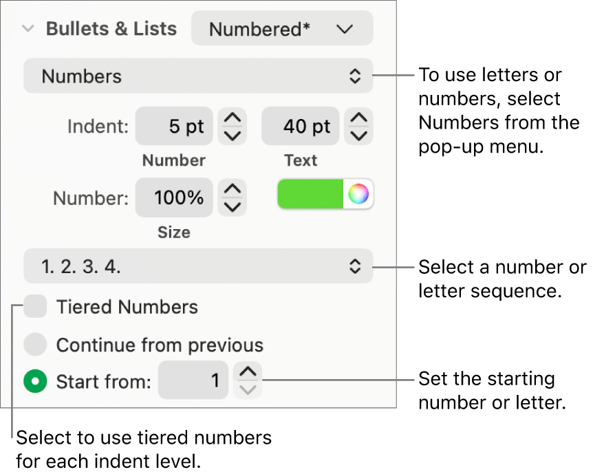 Controls for changing the number style and spacing of a list.