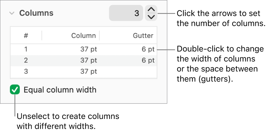 Controls in the columns section for changing the number of columns and the width of each column.