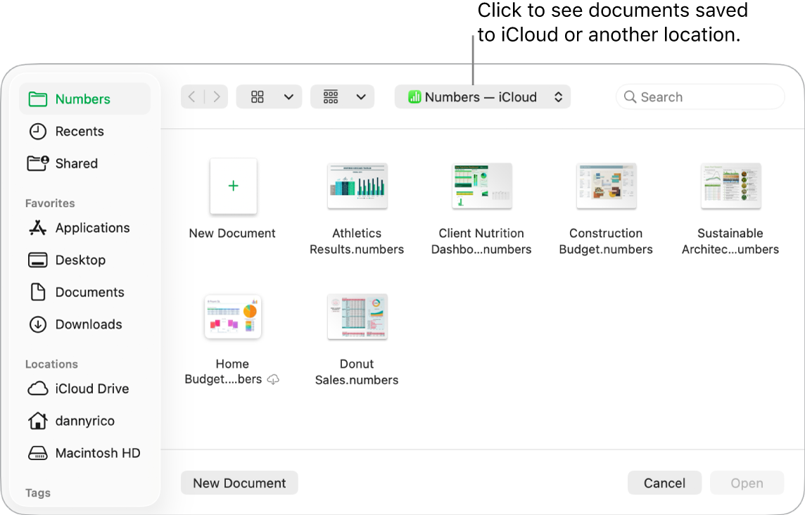 The Open dialogue with the sidebar open on the left and iCloud Drive selected in the pop-up menu at the top. Folders for Keynote, Numbers and Pages appear in the dialogue, along with a New Document button.