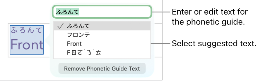 The phonetic guide open for a word, with call outs to the text field and suggested text.