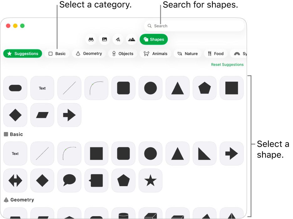 The shapes library, with categories listed on the left and shapes displayed on the right. You can use the search field at the top to find shapes and scroll to see more.