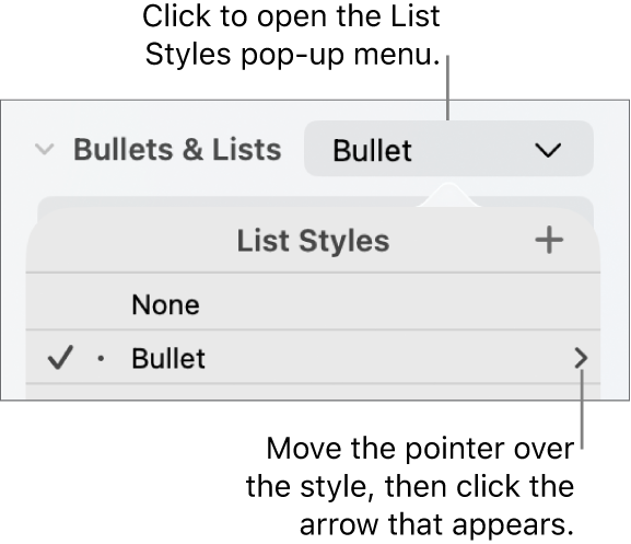 The List Styles pop-up menu with one style selected and an arrow to its far right.