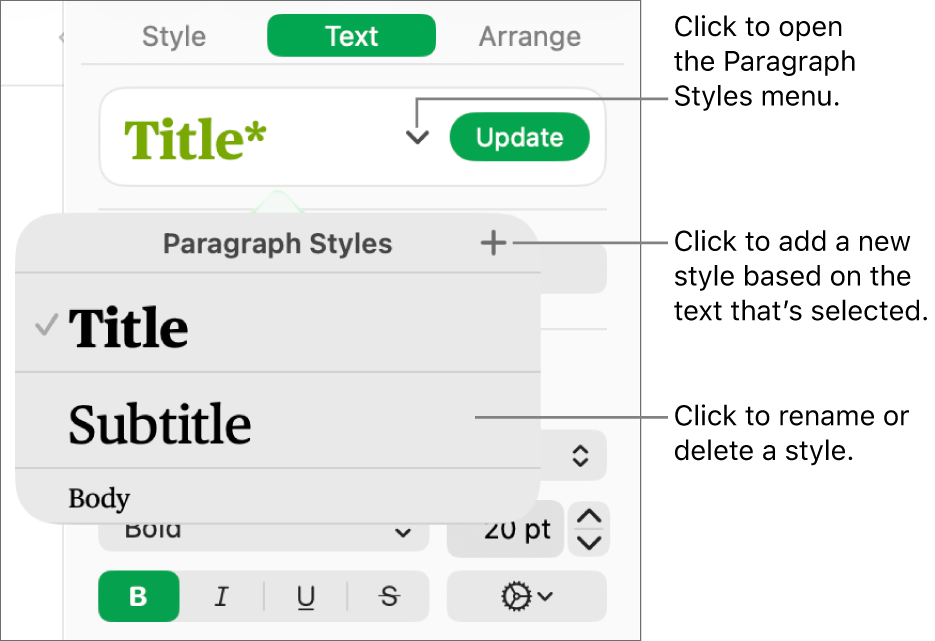 The Paragraph Styles menu, showing controls to add or change a style.