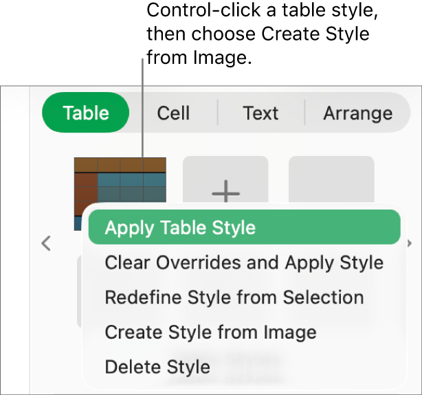 The table style shortcut menu.