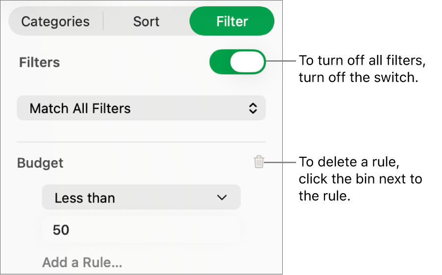 Controls for deleting a filter or turning off all filters.
