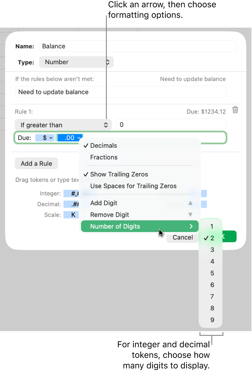 The custom cell format window with controls for choosing custom formatting options.