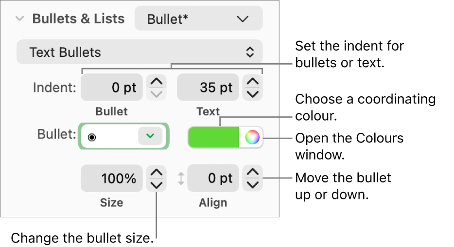 The Bullets & Lists section with callouts to the controls for bullet and text indent, bullet colour, bullet size and alignment.