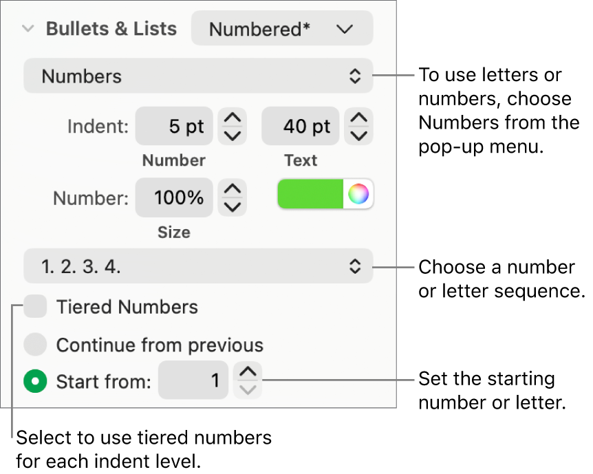 Controls for changing the number style and spacing of a list.