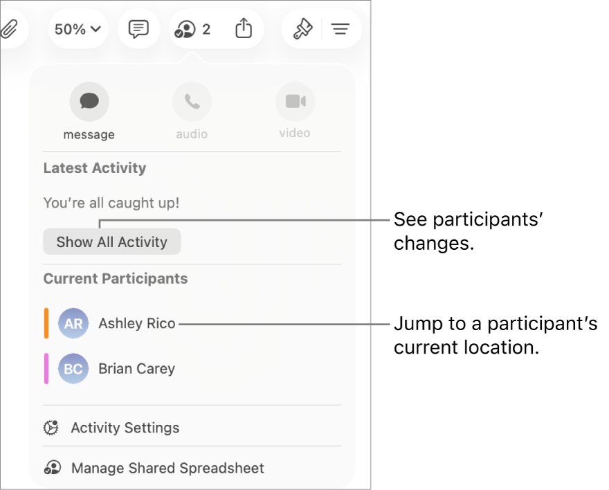 The collaboration menu with two current participants listed.