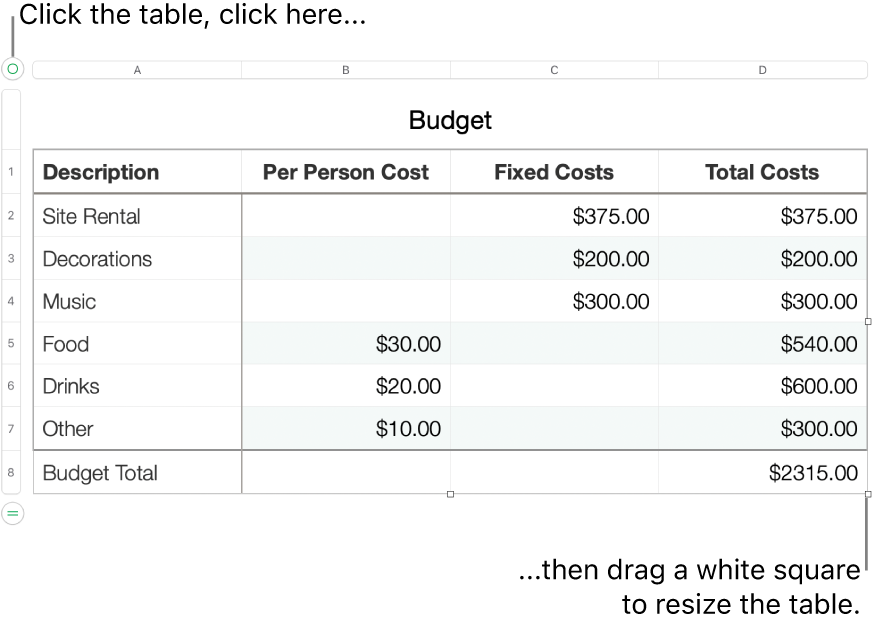 A selected table with white squares for resizing.