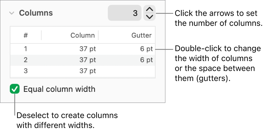 Controls in the columns section for changing the number of columns and the width of each column.