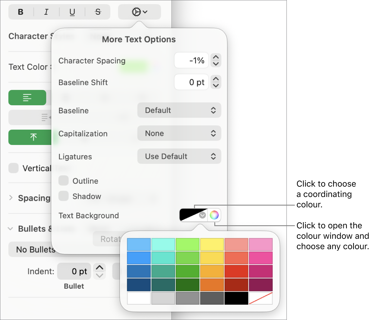 Controls for choosing a character fill.