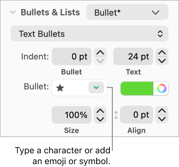 The Bullets & Lists section of the Format sidebar. The Bullet field shows a star emoji.
