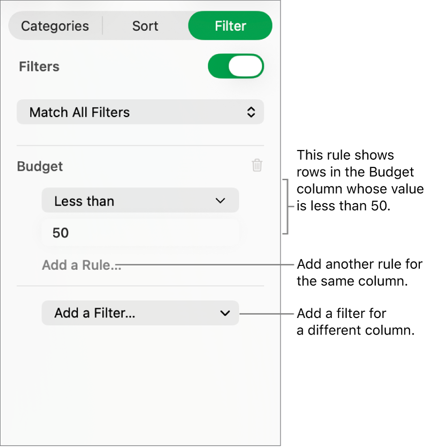Controls for creating filtering rules.