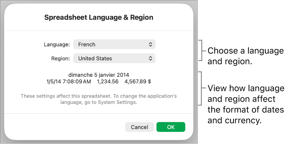 Language & Region pane with controls for language and region, and a format example including date, time, decimal and currency.