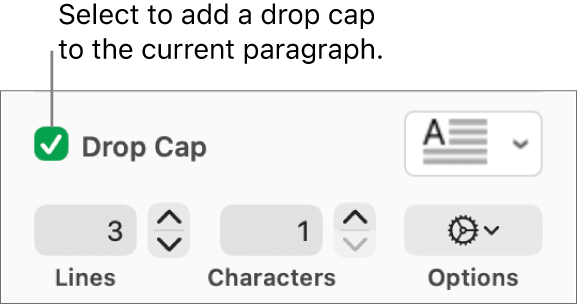 The Drop Cap tickbox is selected, and a pop-up menu appears to its right; controls for setting the line height, number of characters and other options appear below it.