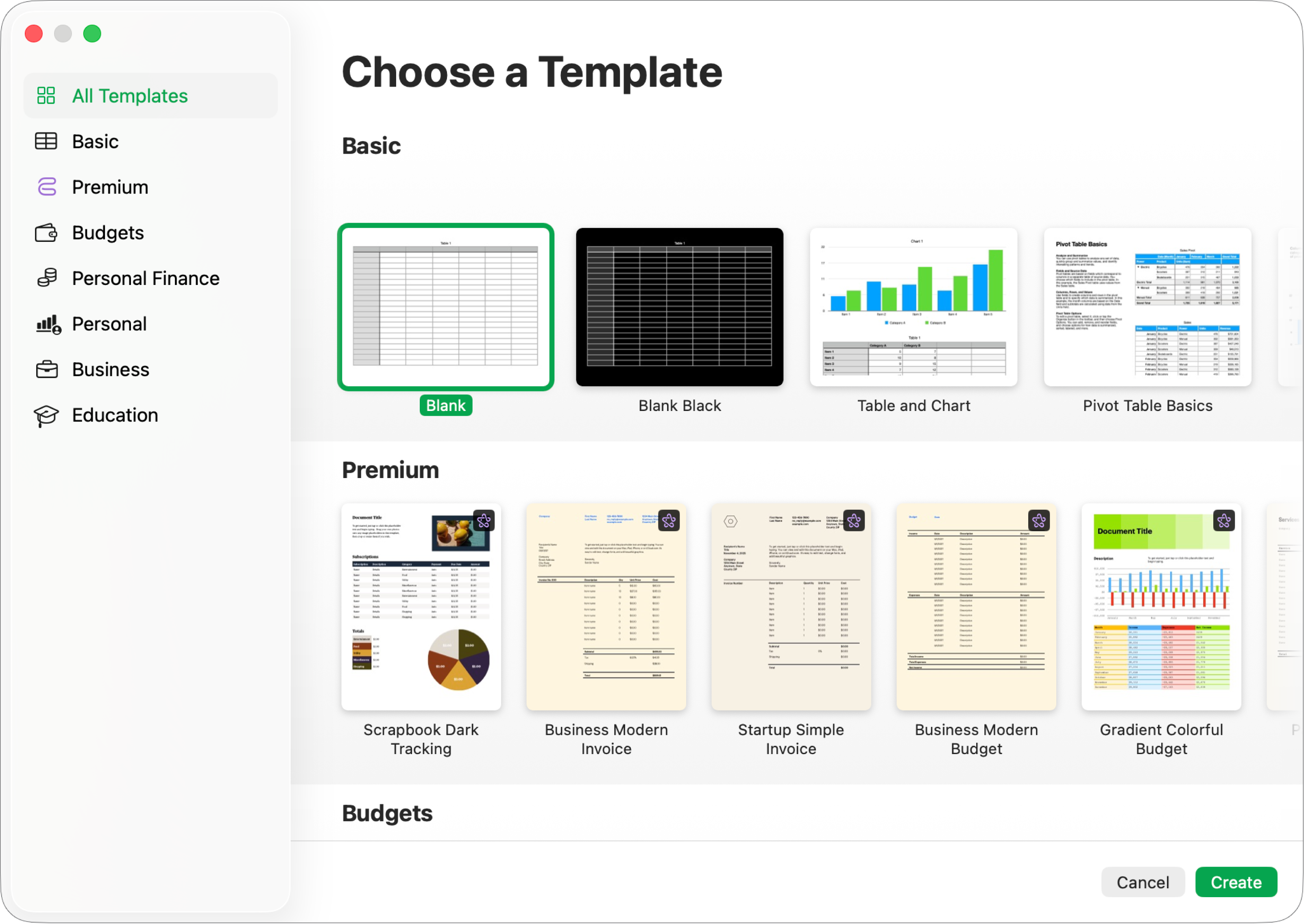 The template chooser. A sidebar on the left lists template categories you can click to filter options. On the right are thumbnails of pre-designed templates arranged in rows by category, starting with Basic at the top and followed by Personal Finance and Personal. The Cancel and Create buttons are in the bottom-right corner.