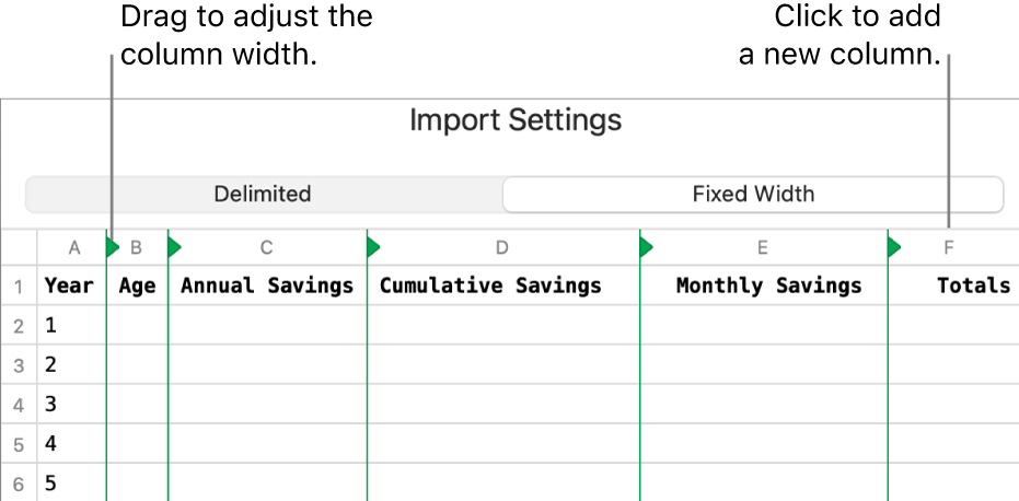 The import settings for a fixed-width text file.