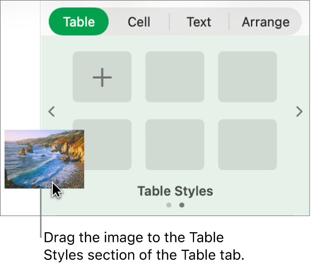 Dragging an image into the table styles to create a new style.