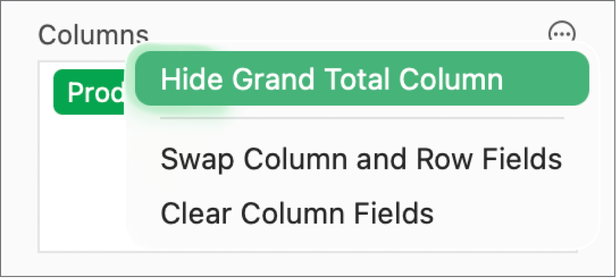 The More Field Options menu, showing the controls to hide grand totals, swap column and row fields, and clear fields.