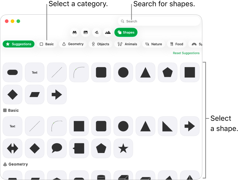 The shapes library, with categories listed on the left and shapes displayed on the right. You can use the search field at the top to find shapes and scroll to see more.