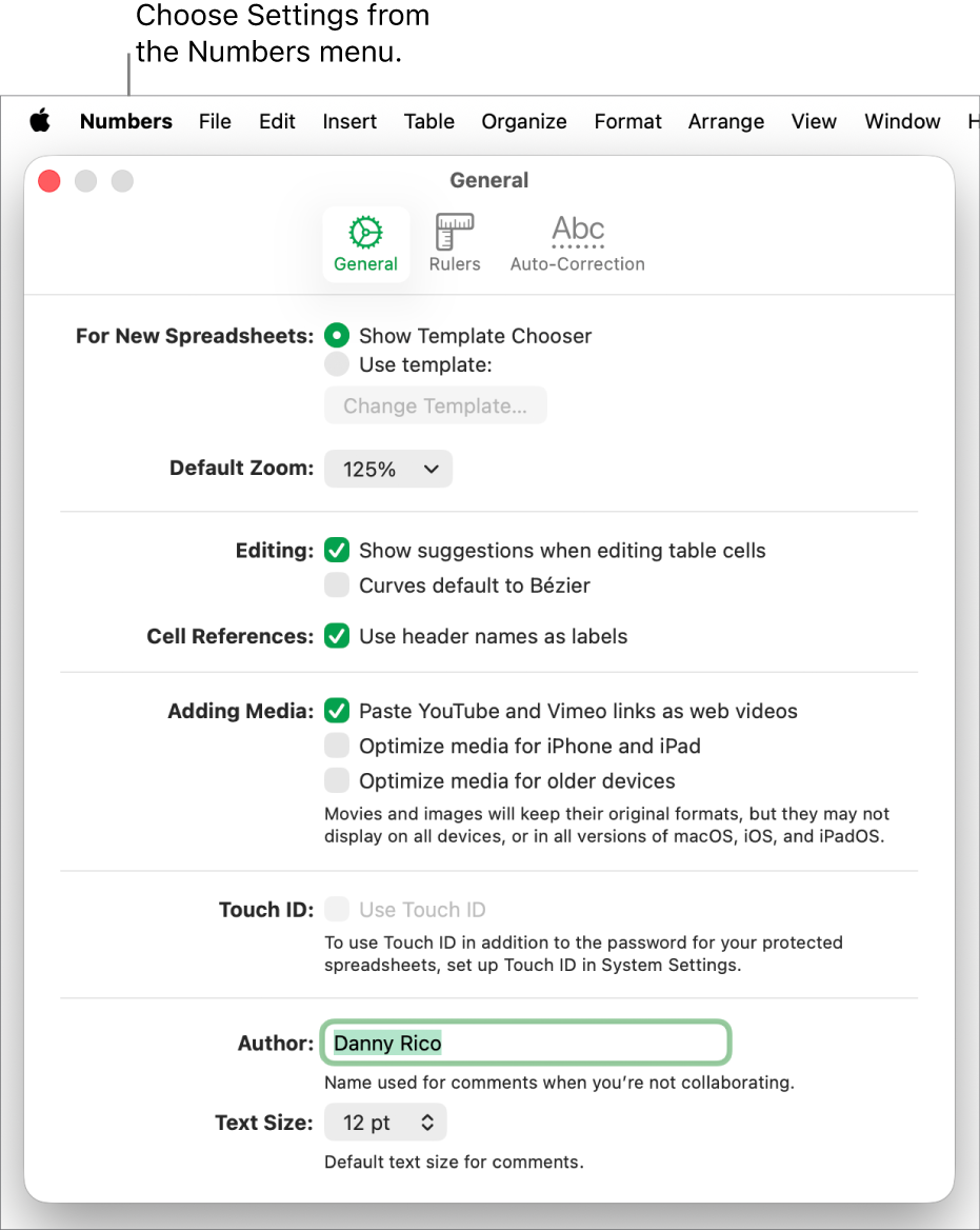 Numbers settings window open to the General pane, with settings for new spreadsheets, default zoom, editing, cell references, equations, adding media, Touch ID, author name and default text size.