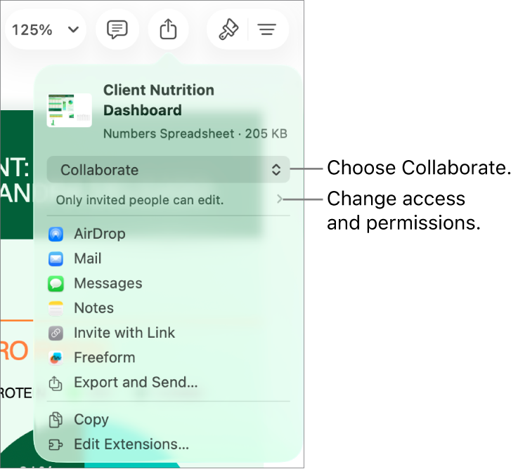 The Share menu with Collaborate selected at the top, and access and permission settings underneath.