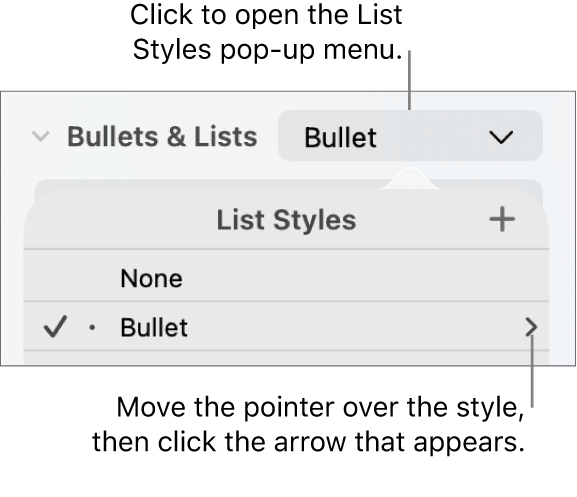The List Styles pop-up menu with one style selected and an arrow to its far right.