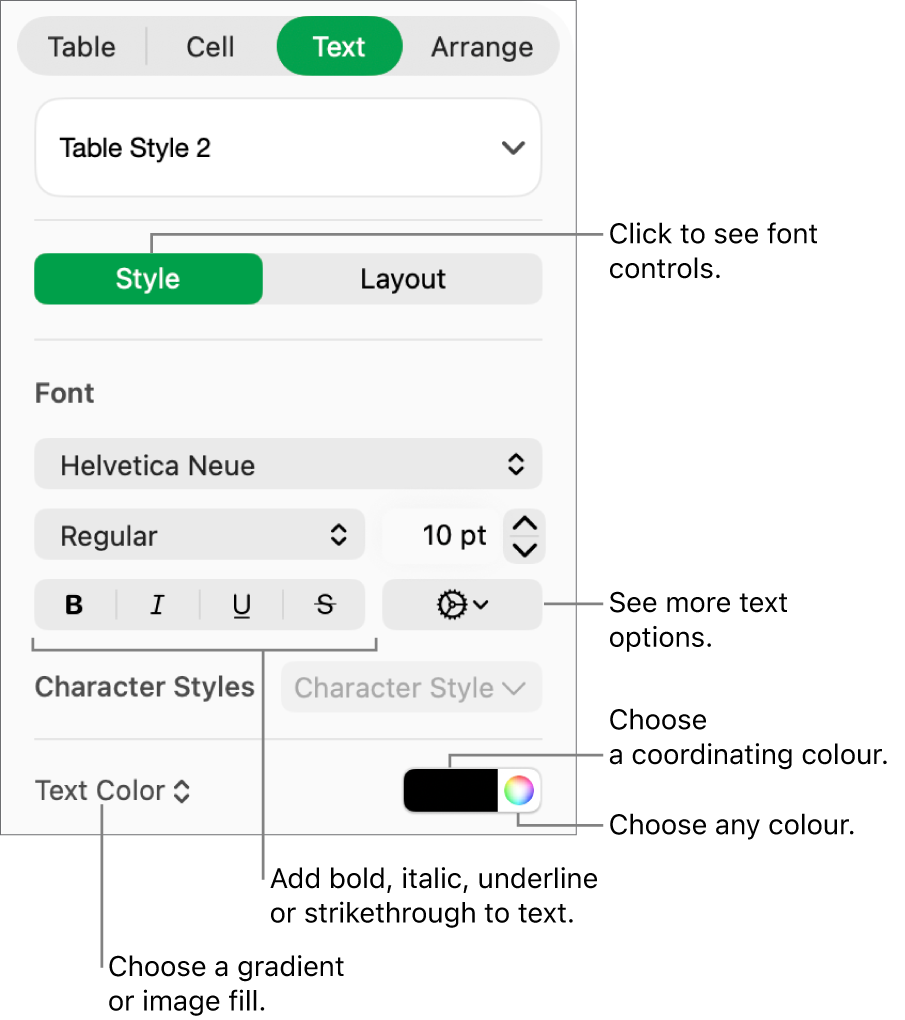 The controls for styling table text.
