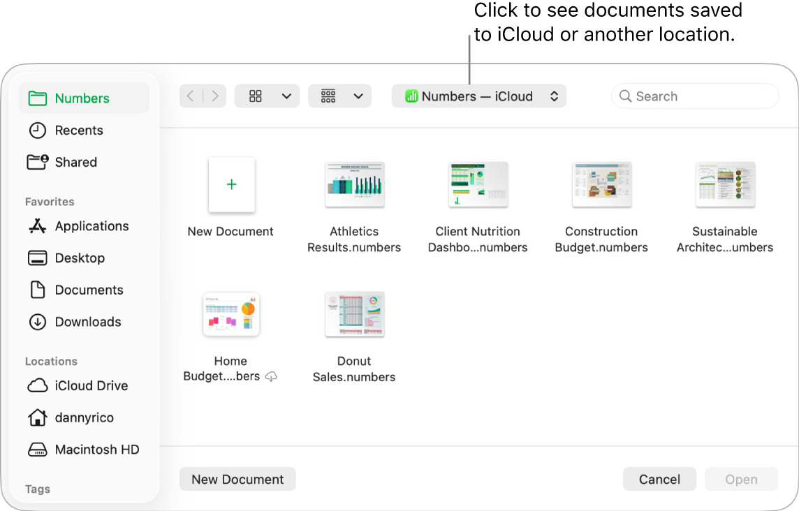 The Open dialogue with the sidebar open on the left and iCloud Drive selected in the pop-up menu at the top. Folders for Keynote, Numbers and Pages appear in the dialogue, along with a New Document button.