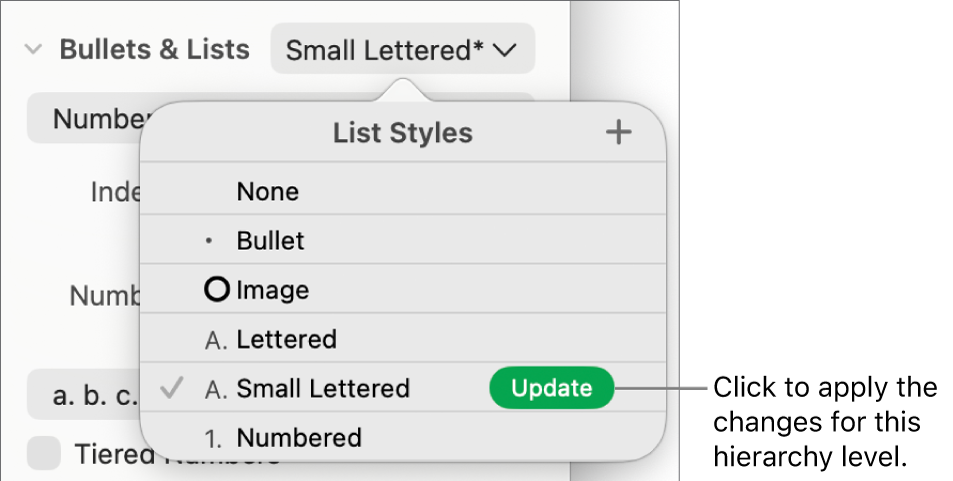 The List Styles pop-up menu with an Update button next to the name of the new style.