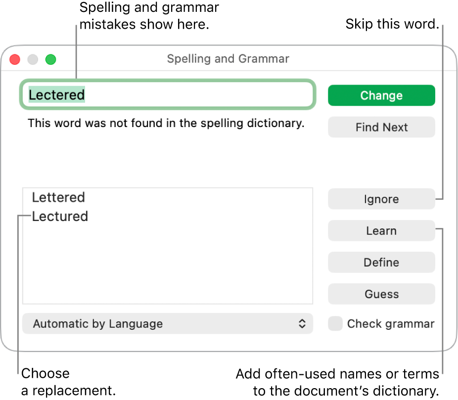 The Spelling and Grammar window.
