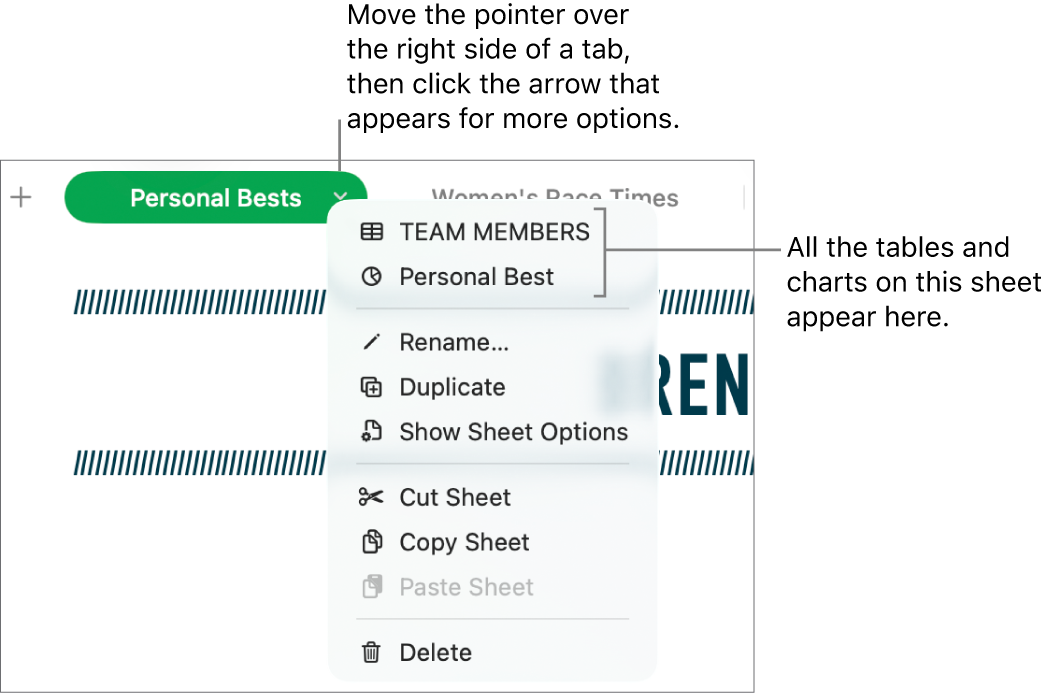 A spreadsheet tab with the shortcut menu open, showing options including Duplicate.