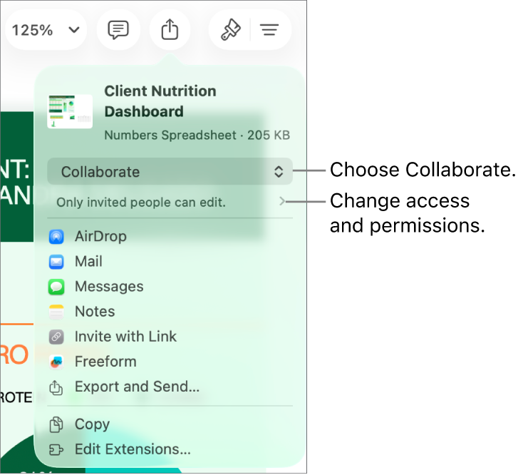 The Share menu with Collaborate selected at the top, and access and permission settings underneath.