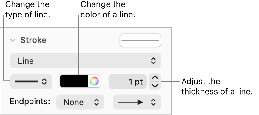 The stroke controls for setting endpoints, line thickness, and color.