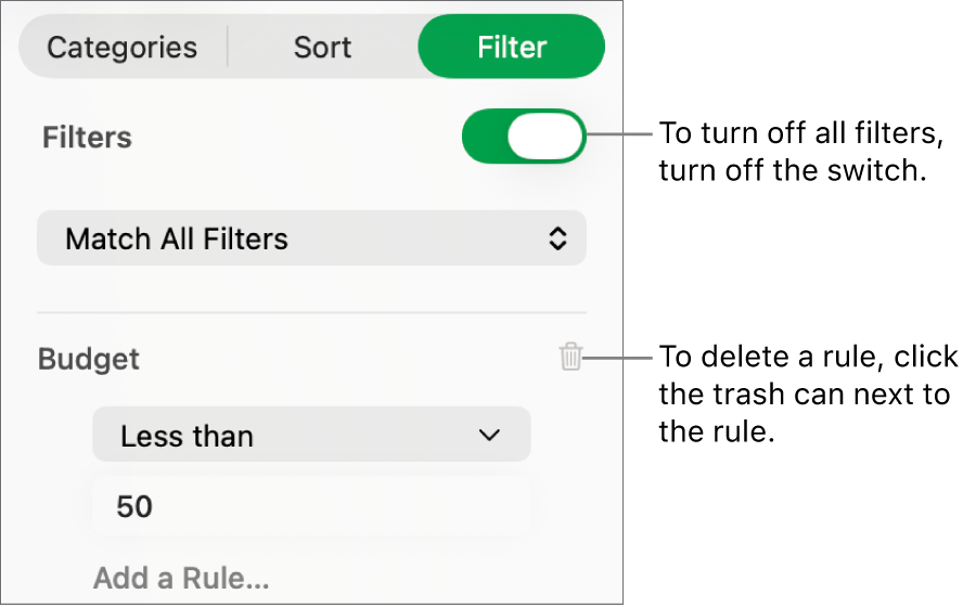 Controls for deleting a filter or turning off all filters.