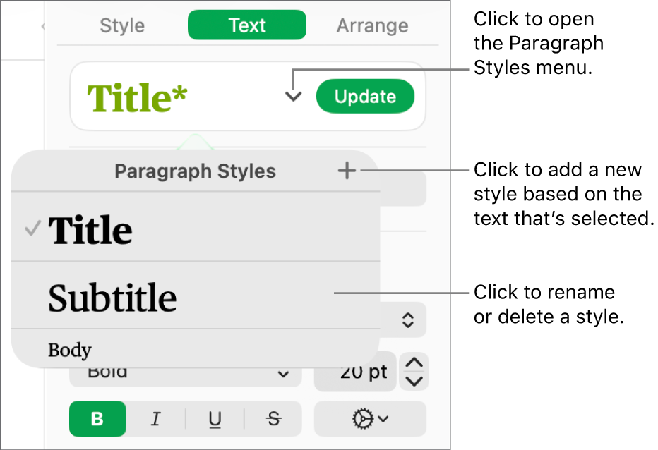 The Paragraph Styles menu, showing controls to add or change a style.