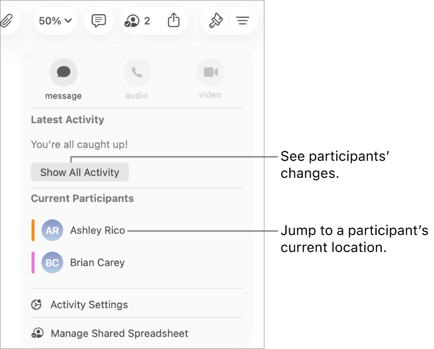 The collaboration menu with two current participants listed.