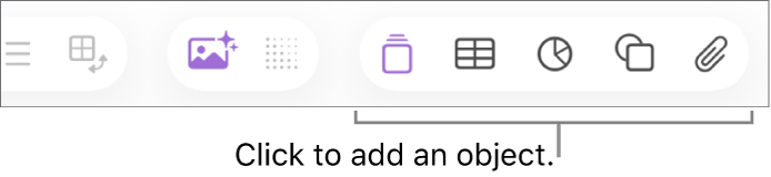 The Numbers window with callouts to the object buttons in the toolbar.