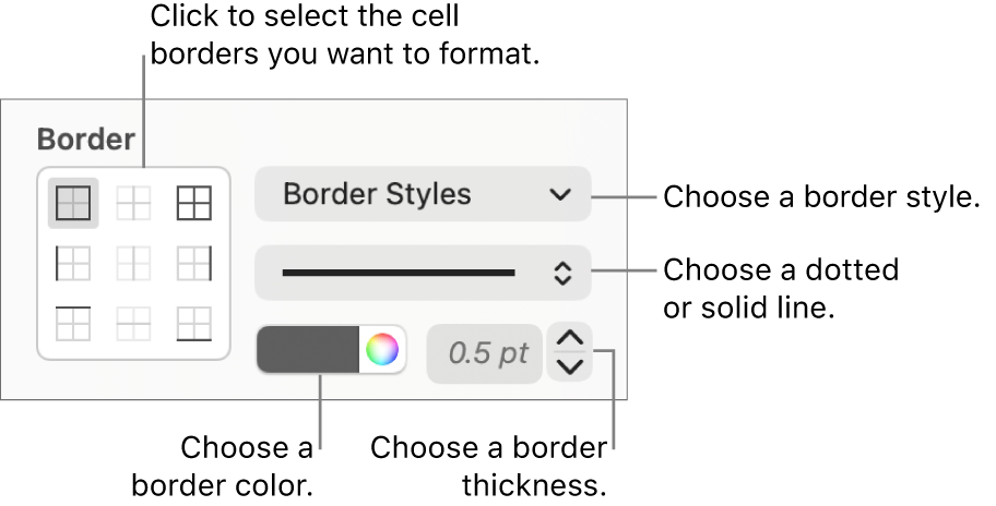 Controls for styling cell borders.